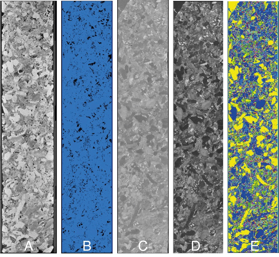 Image processing workflow showing machine learning segmentation and multi-phase pore space analysis